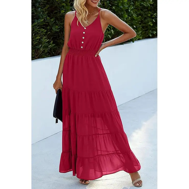 Women's Casual Summer Dress Spaghetti Strap Sleeveless High Waist Beach Long Maxi Sun Dresses