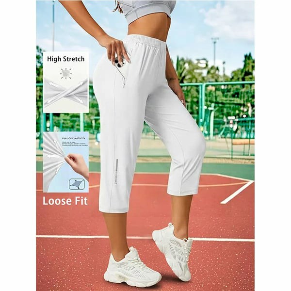 Women’s Capri Pants – Loose Fit, Summer Drawstring Waist, Zipper Pockets