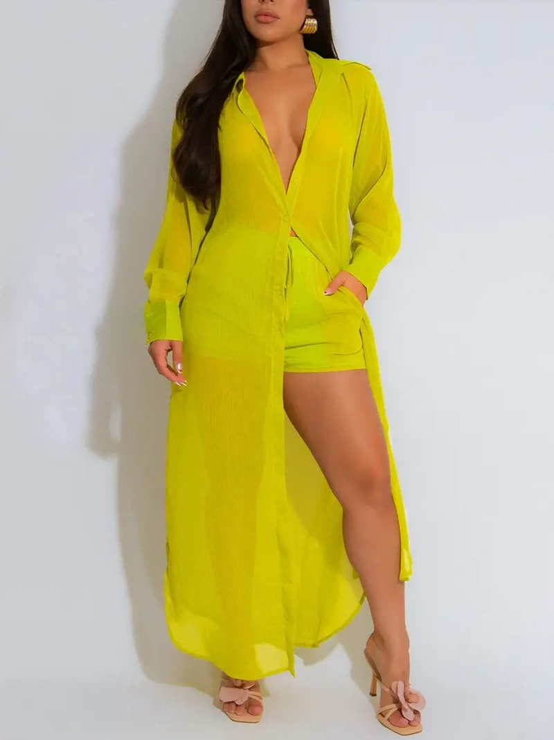 Women's Solid Color Button Front Shirt & Shorts Two-Piece Set