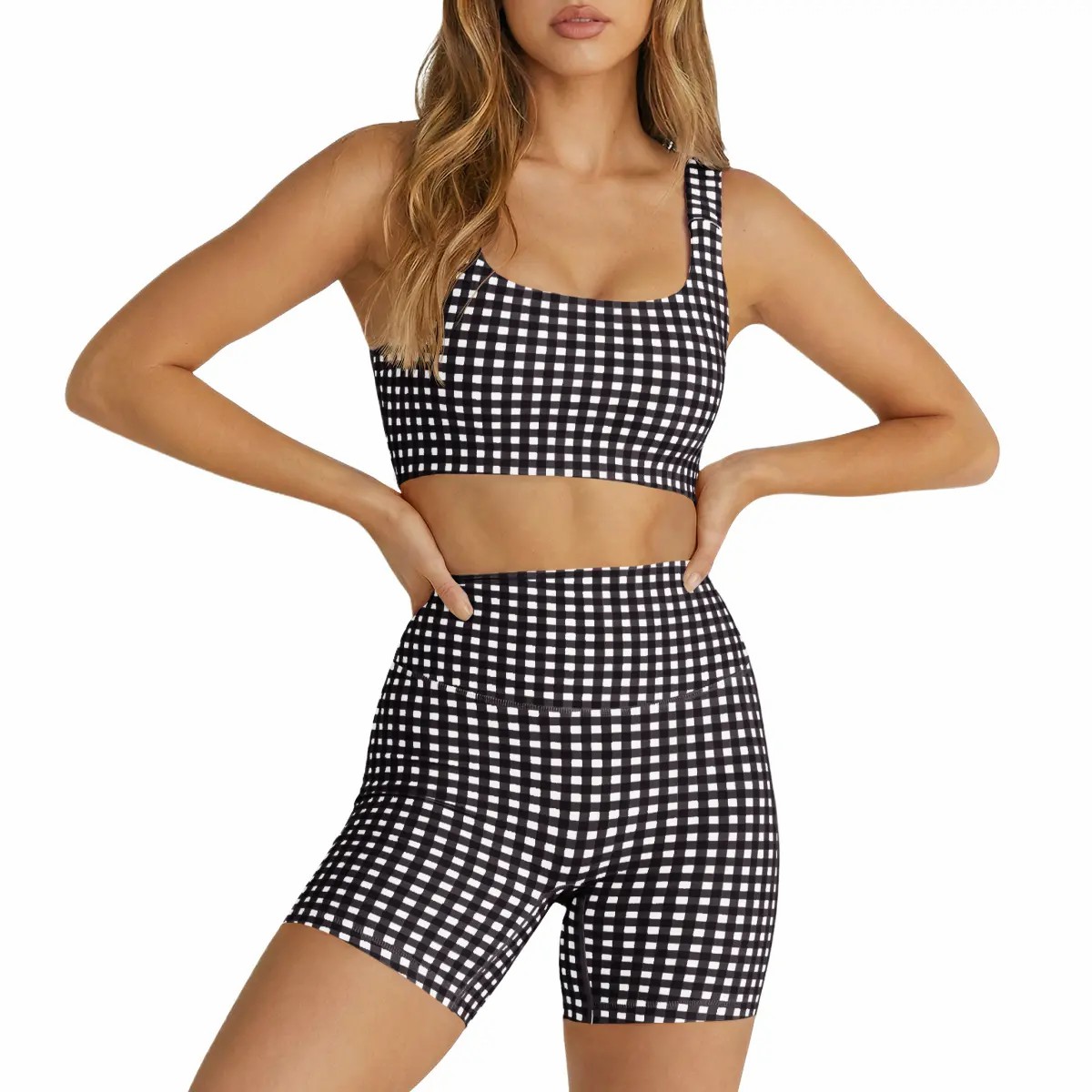 Women's 2-Piece Athleisure Set – Padded Open Back Gingham Crop Tank & High Waisted Seamless Shorts