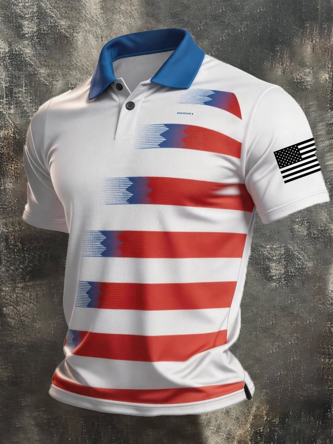 Men's Retro Patriotic Color-Block Short-Sleeve Polo Shirt