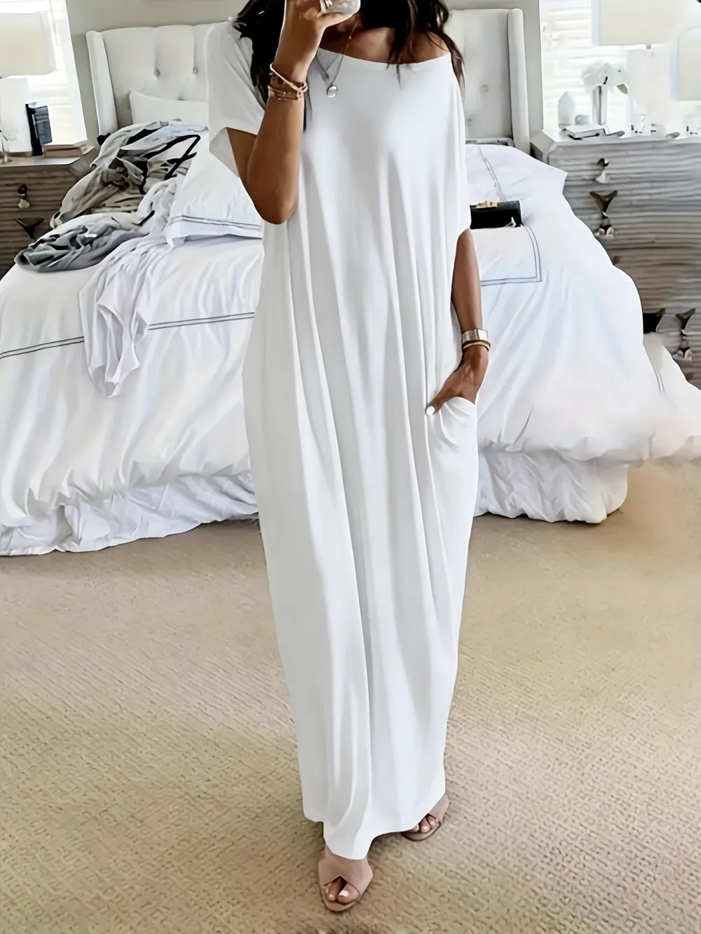 Women's Solid Color Batwing Sleeve Lounge Dress