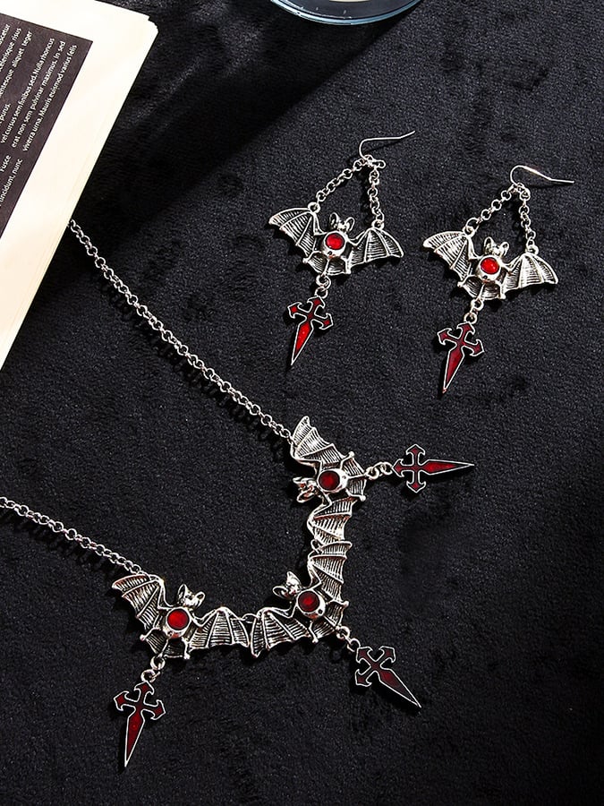 Halloween Gothic Dark Cross Bat Necklace Earring Set