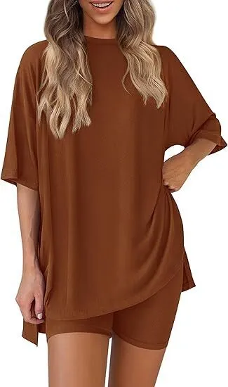 🔥Women's Two Piece Lounge Set Summer Casual Oversized Shirts Biker Shorts