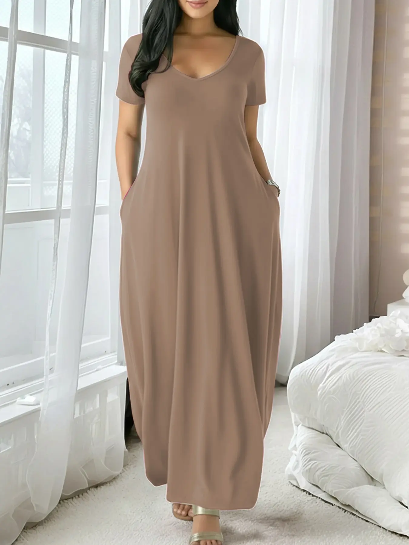🔥🔥 Last Chance! 6 Pieces for $24.9, Today Only! 🔥Women's Long Coffee Color Dress, Casual Fitted Style, Large Round Neck Short Sleeve Pocket Sleepwear, Soft Fabric All Seasons Wear