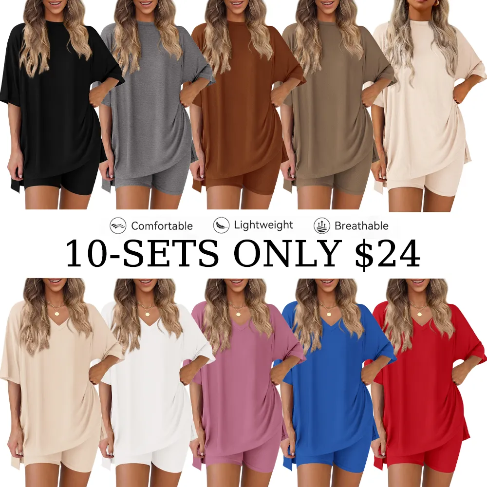 Women 2 Piece Lounge Set Casual Oversized Shirts Biker Shorts