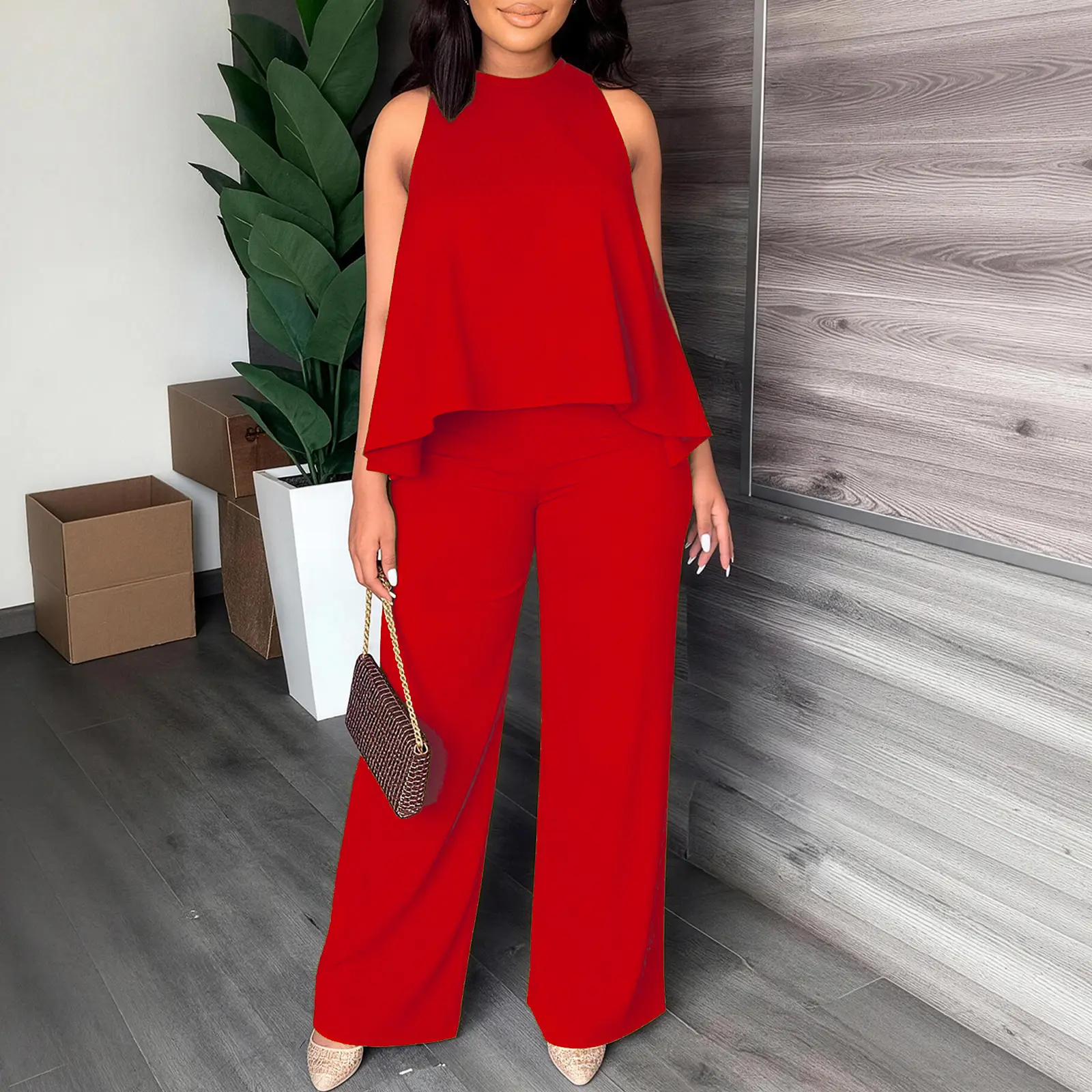 Women's Spring-Summer Set:Lightweight Flowy Halter Two-Piece with High-Waisted Wide Leg Pants–Comfortable