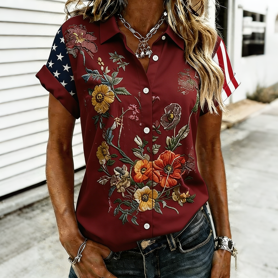 Women's Patriotic American Flag Floral Embroidered Button Down Shirt