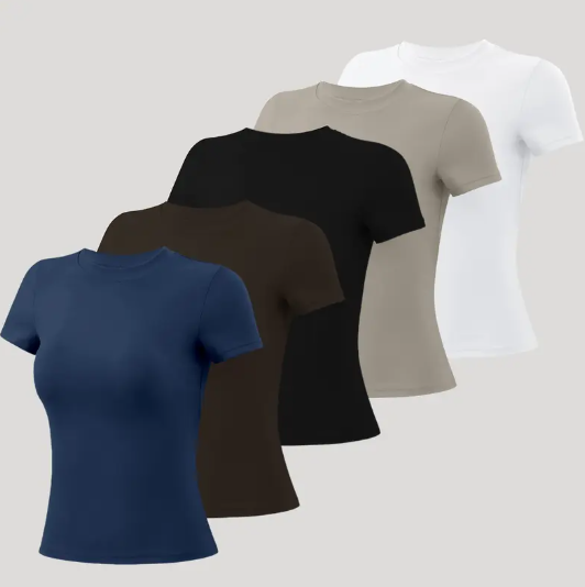 5-Piece Solid Sports Tee Set Round Neck Slim Stretchy