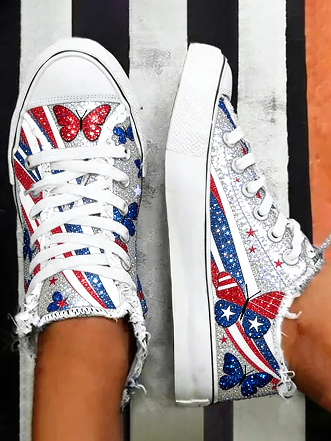 Women's Glitter USA Flag Butterfly Print High Top Canvas Sneakers