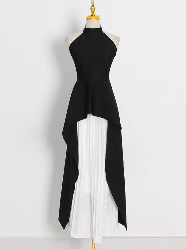 Original Sleeveless Irregularity Solid Color High-Neck T-Shirt Top&Pleated Skirt Bottom Two Pieces Set