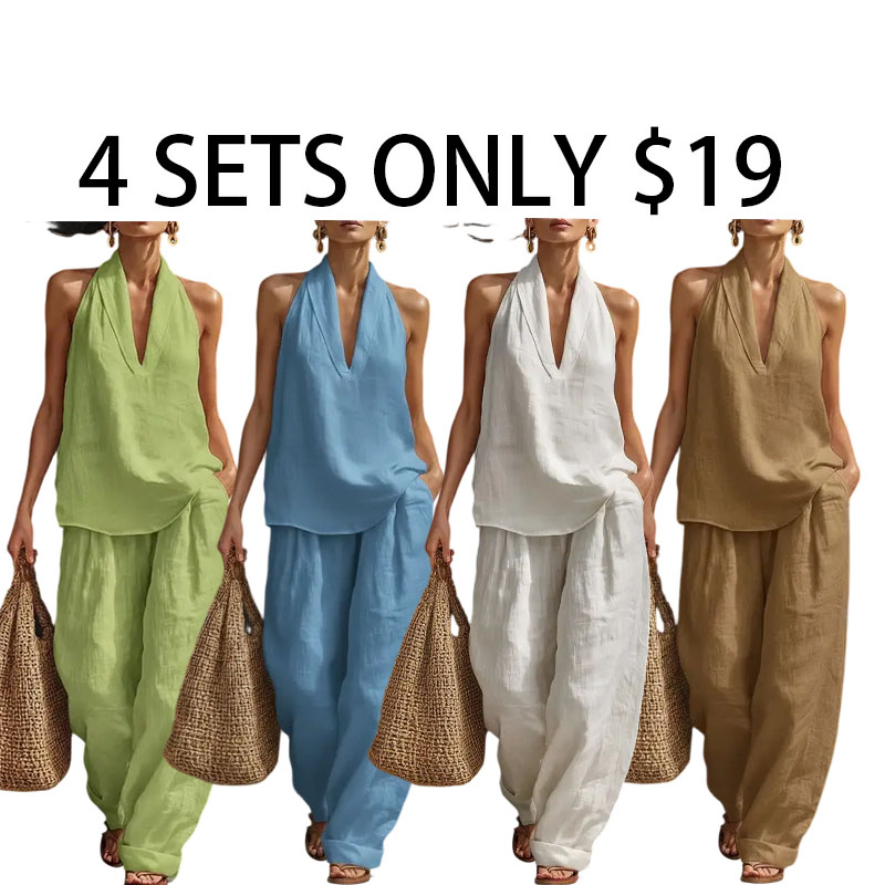 Boho Halter Neck Two Piece Set-Sleeveless Top Wide Leg Pants Set