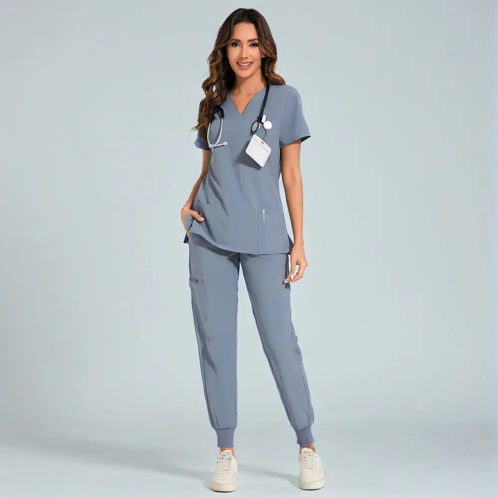 Women's Set — Stretch V-Neck Scrub Top and Jogger-Style Scrub Pants (8 Pockets)