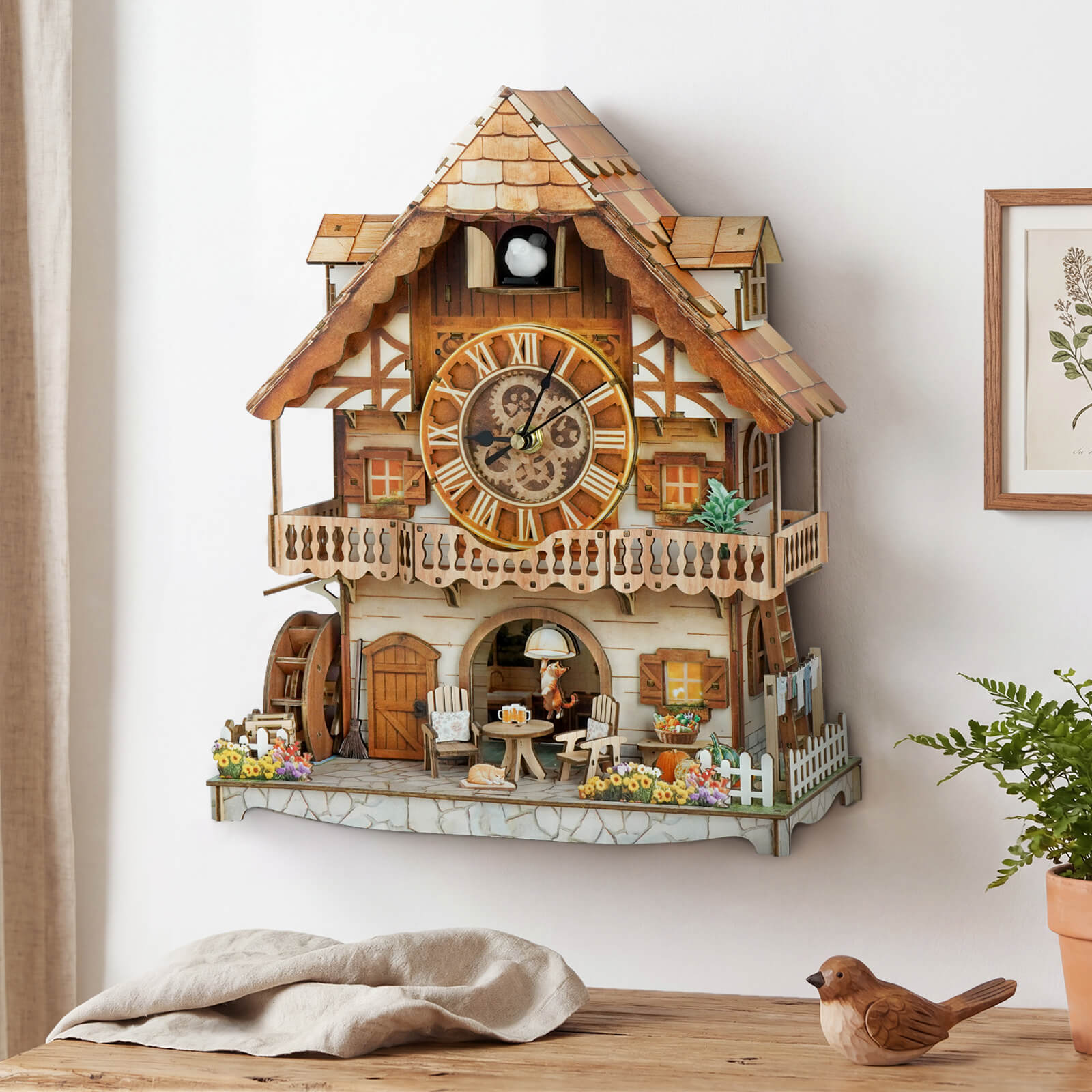 Cuckoo Calling German Cottage DIY Wood Clock, 3D Puzzle Kit