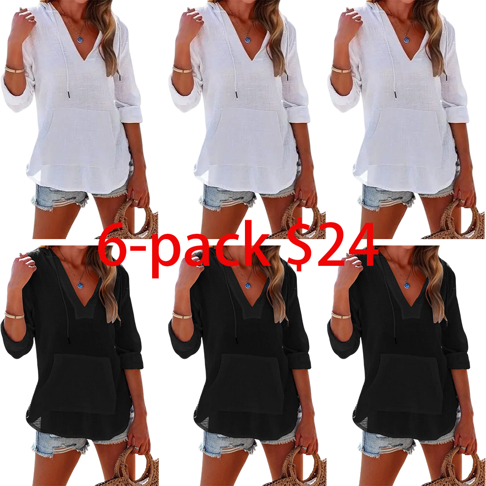 Women's 6-Pack Beach Cover Up Hoodies – Long Sleeve V Neck Pocketed Hooded Shirt Top Casual Womenswear