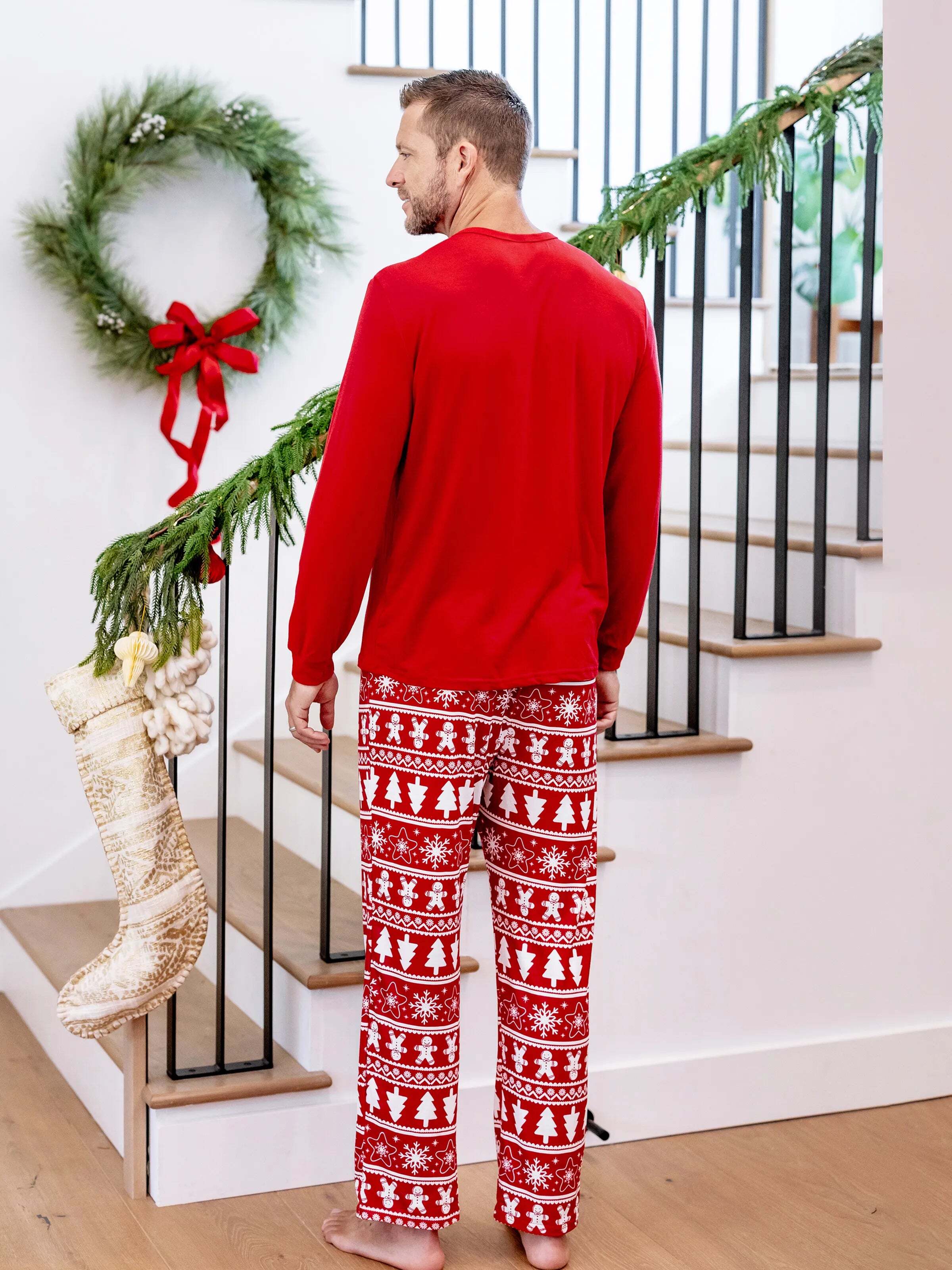 Christmas Matching Family Pajamas Set Gingerbread and Christmas Tree Print Red PJS with Christmas Socks Red