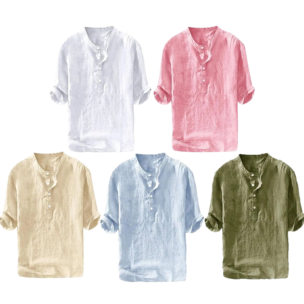 Mens 70% Cotton 30% Linen Shirts Casual Cotton 3/4 Sleeve Regular-Fit Henley T-Shirt Summer Lightweight Beach Yoga Tops