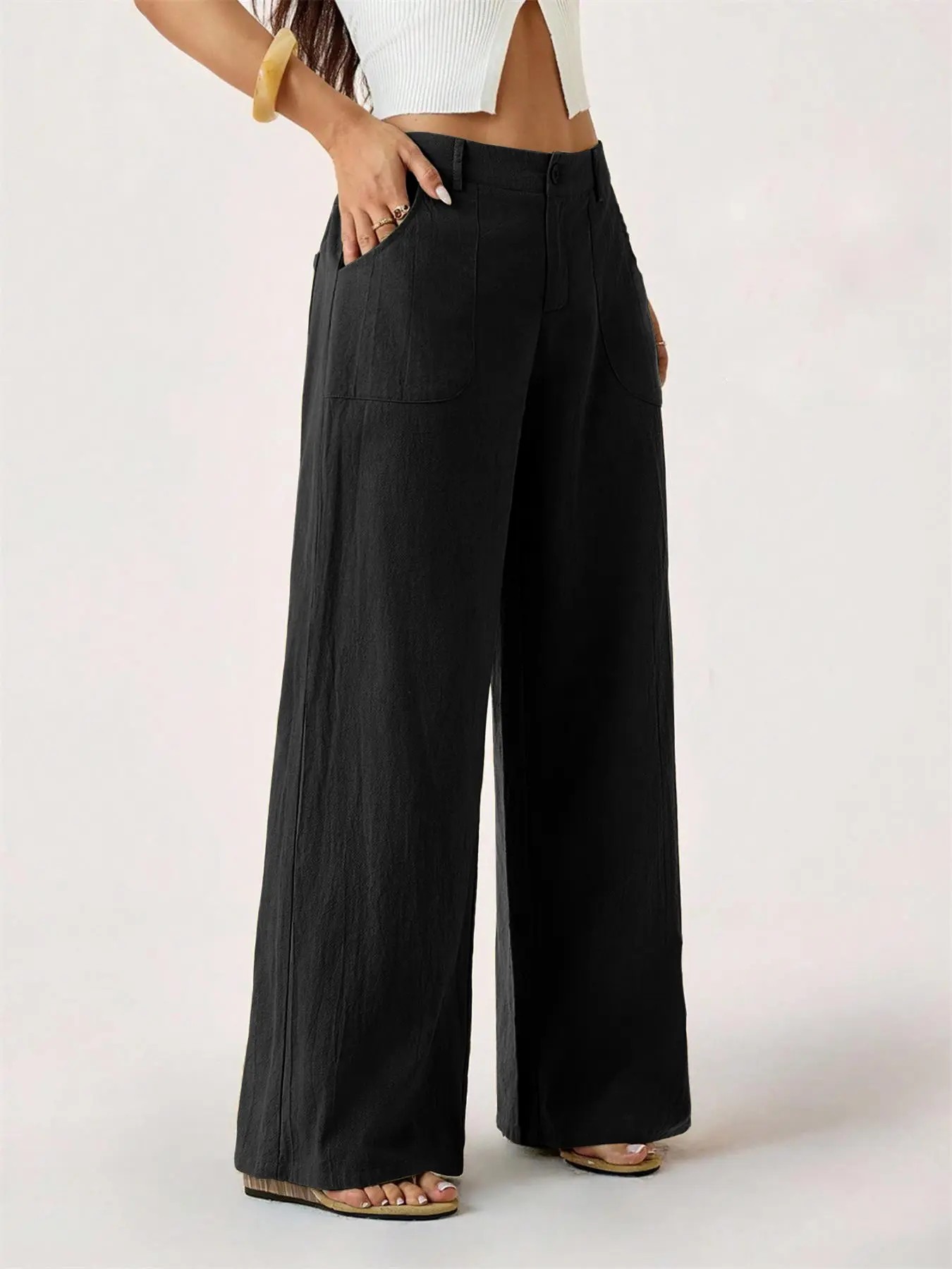 Women's Classical Linen Palazzo Pants Summer Flowy Wide Straight Leg Beach Trousers With Pocket