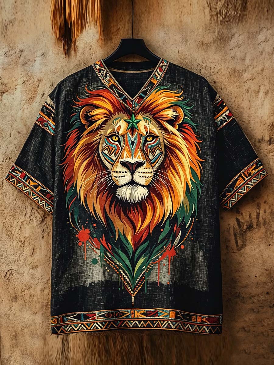 Juneteenth - Rasta Color Lion Art Print Fashion Linen-Blend V-Neck T-Shirt