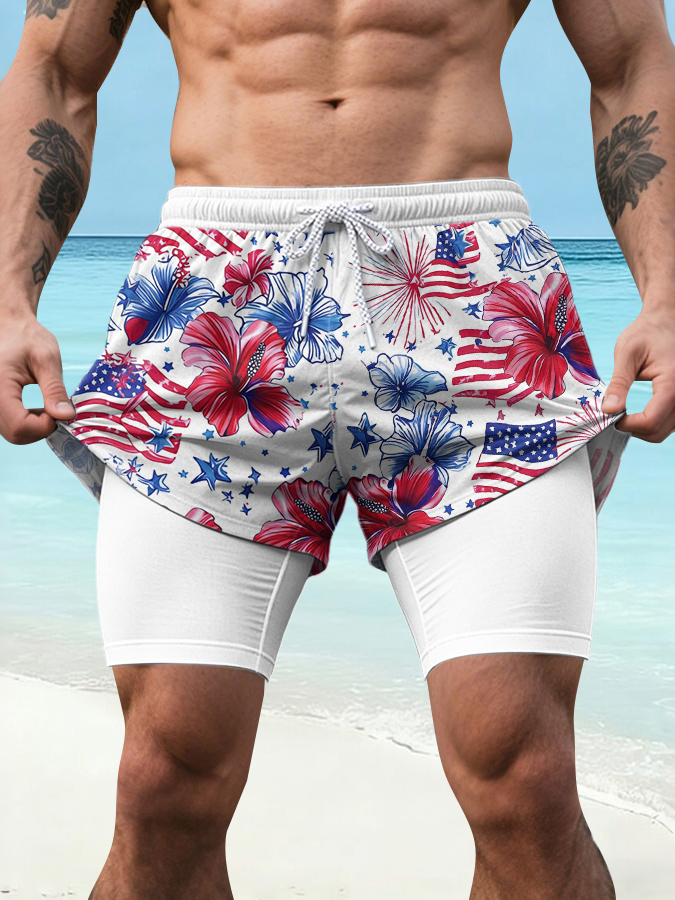 Men's Independence Day Celebration Printed Pattern Beach Vacation Slimming Double layer Sports Elastic Band Quick drying Breathable Shorts