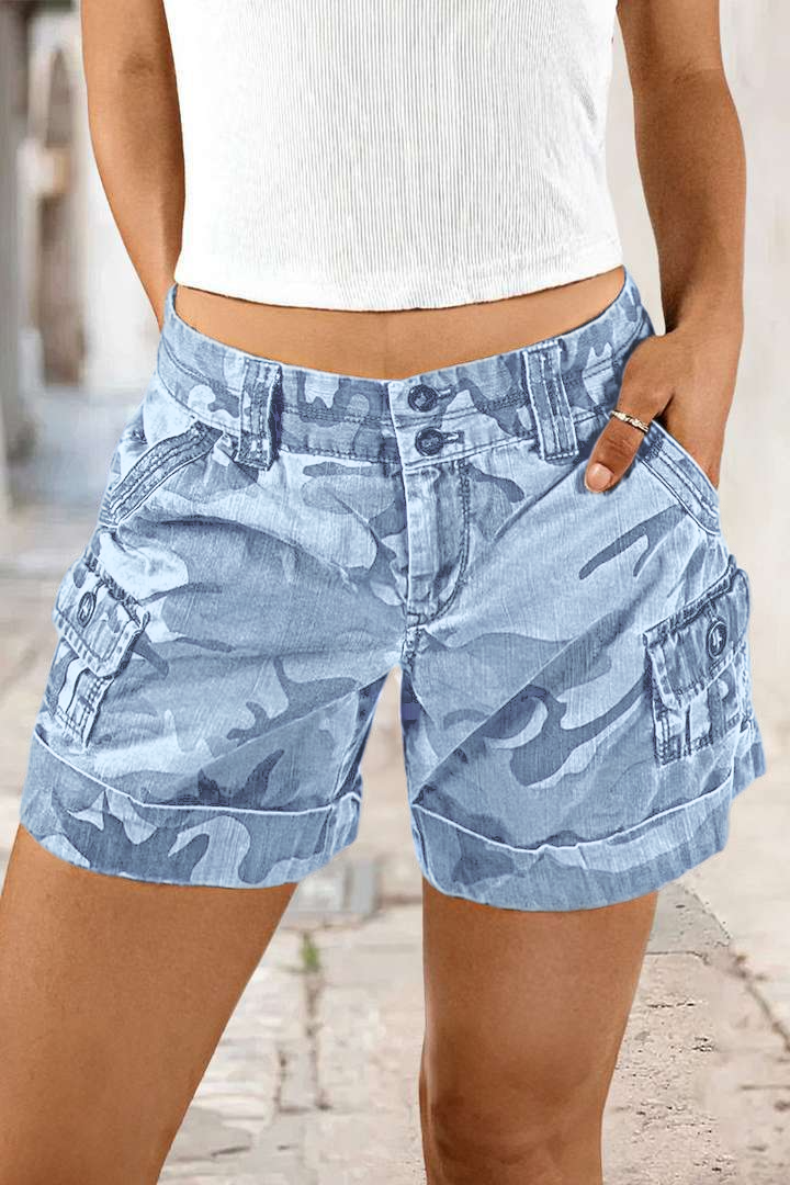 Mother's Day Sale💕Camo Print Roll Hem Flap Pocket Mid Rise Shorts