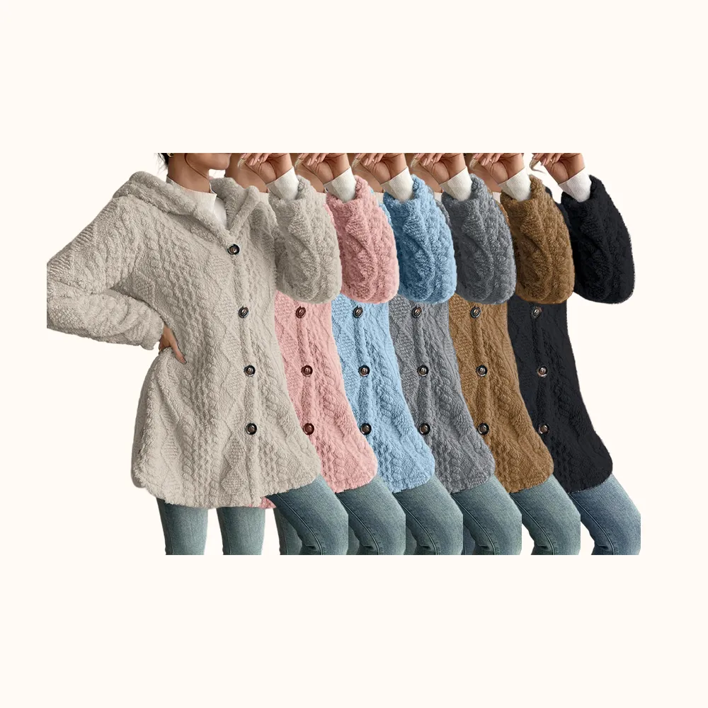 Women's Fall Winter Warm Fashion Jacquard Hooded Cardigan Long Sleeve Coat