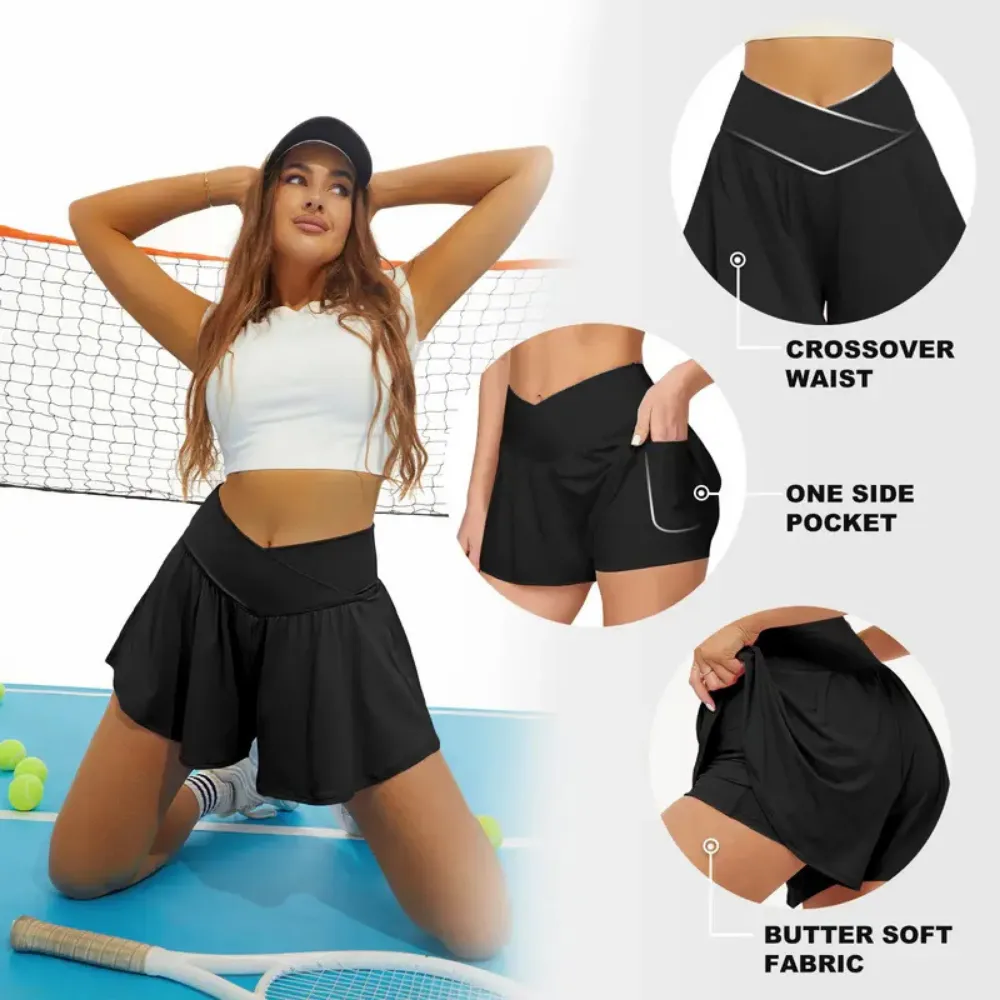 🔥8 PACKS $24 - Crossover Athletic Shorts for Women 2 in 1 Flowy Running Shorts with Pockets