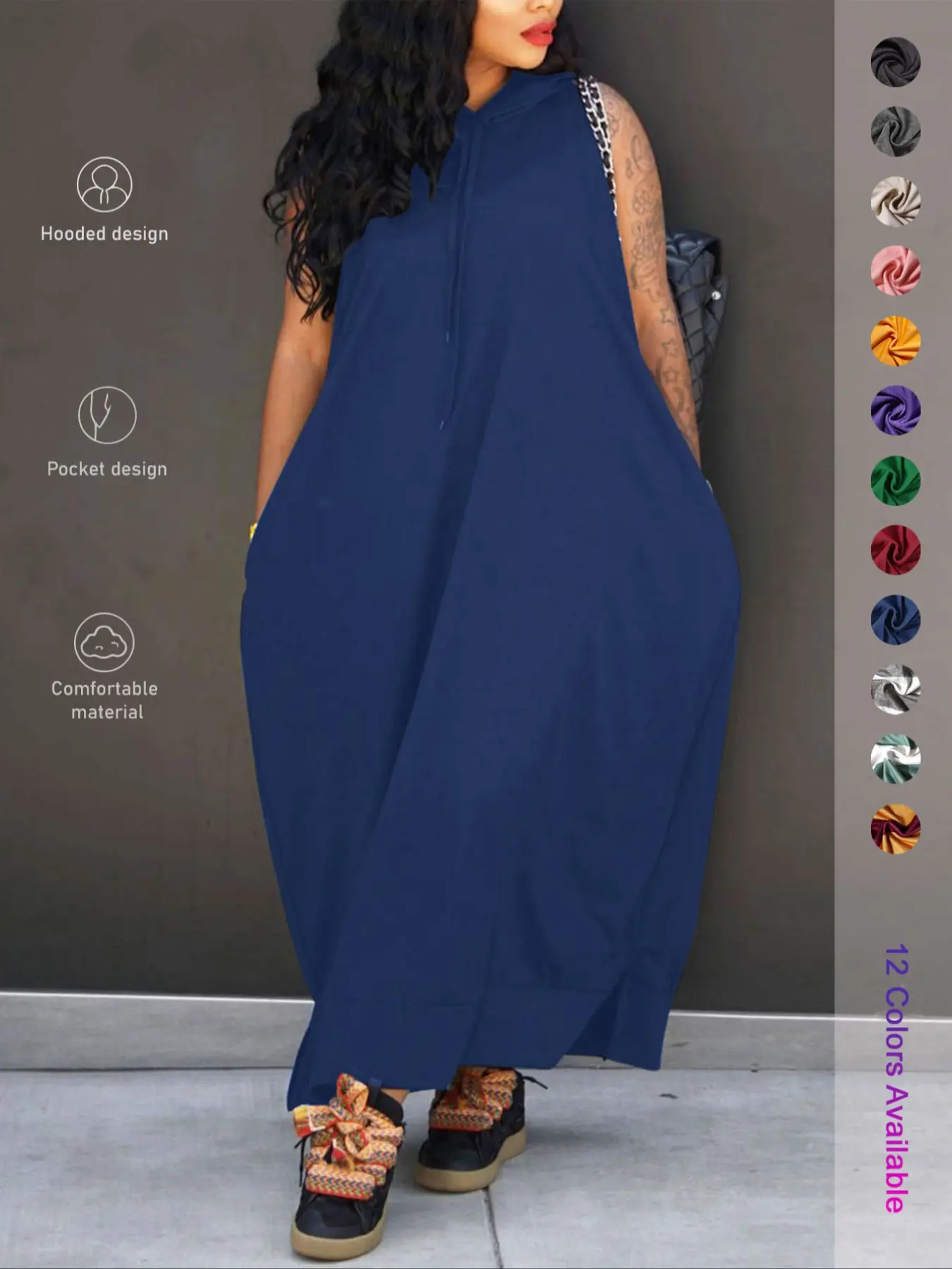 Women's Plain Drawstring Hoodie Tank Dress with Pocket for Summer
