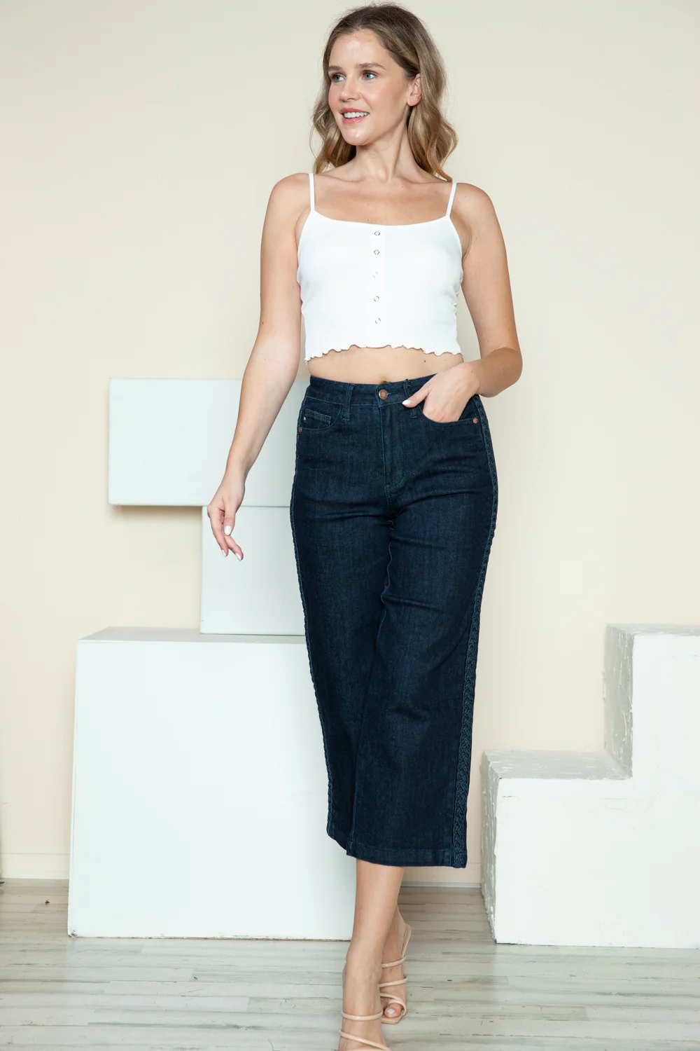 Blue Full Size Side Seam Braid Detail Crop Wide Leg Jeans