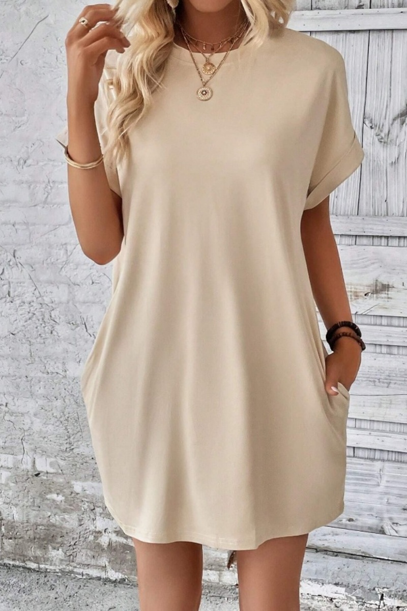 Casual Minimalist Round Neck Roll Up Sleeve Dress