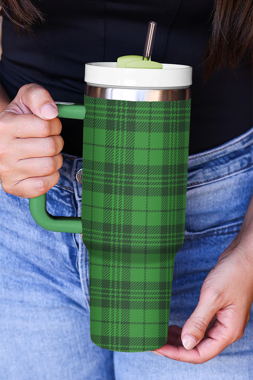 Dark Green St. Patricks Shamrock Print Handle Vacuum Cup 1200ml