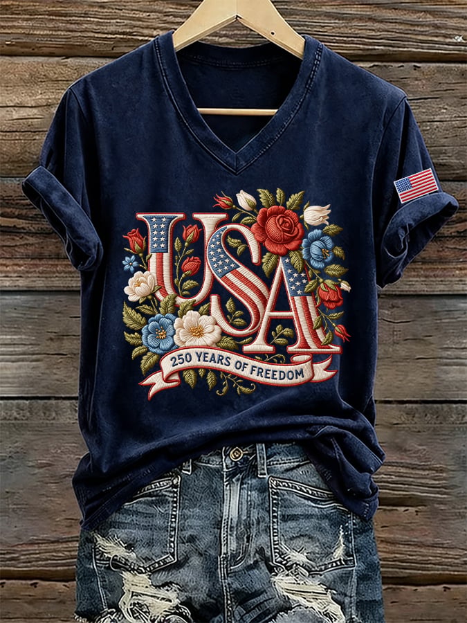 Women's 250 Years Of Freedom Print V Neck T-shirt