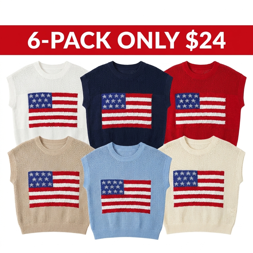 Women's American Flag Graphic Relaxed Fit Short Sleeve Knit Sweater Top