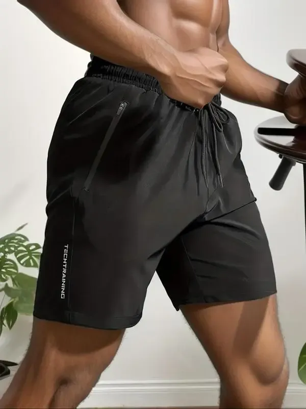Men's Letter Print Drawstring Waist Shorts, Casual Comfy Breathable Pocket Shorts,