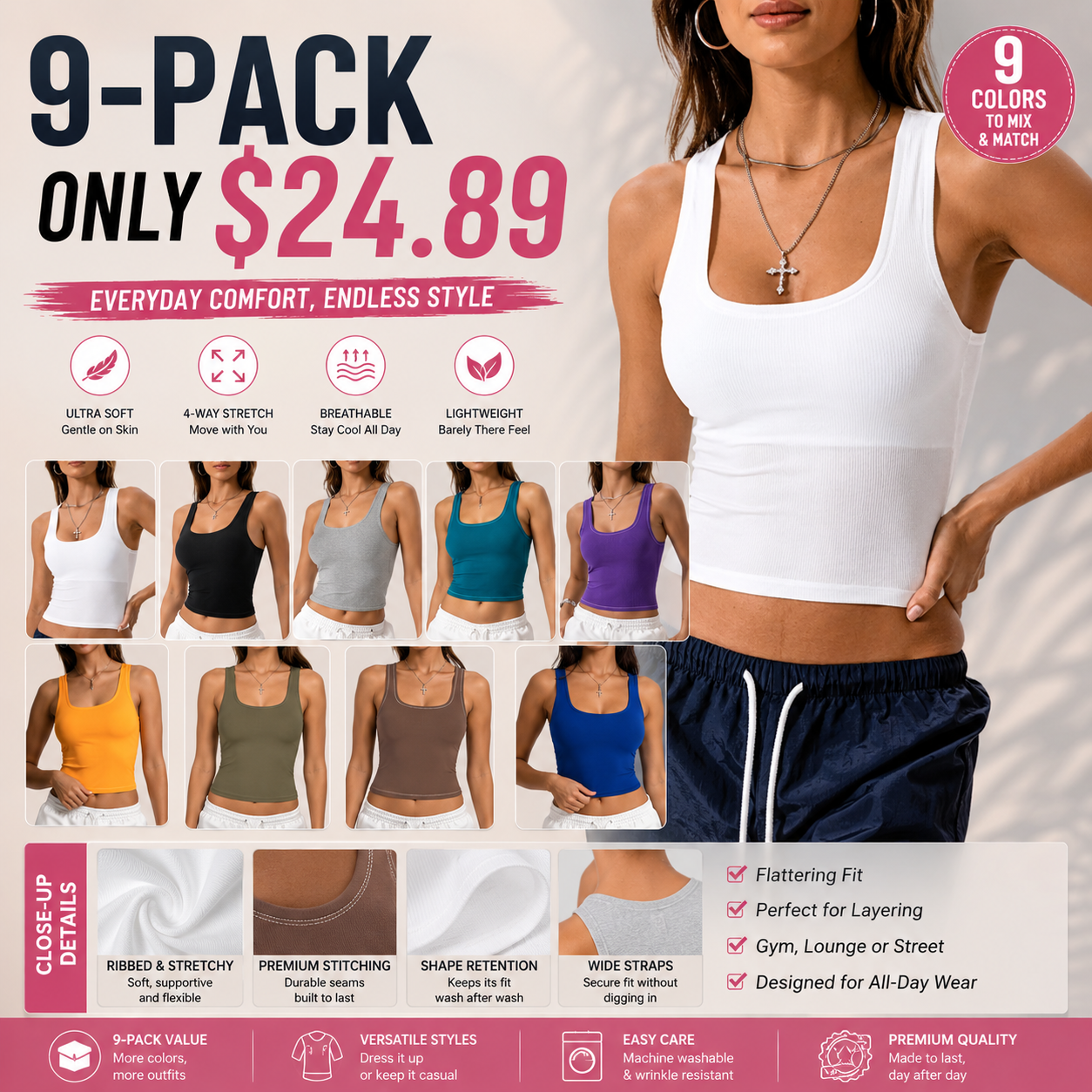 Women Rib Tank Top Padded Workout Top Square Neck Crop Tank Fitted Basic Cami Tops