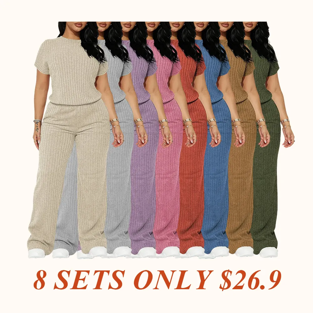 Women's Solid Shortsleeve Crewneck Ribbed Top & Wide Leg Pants Minimalist Casual Fitted