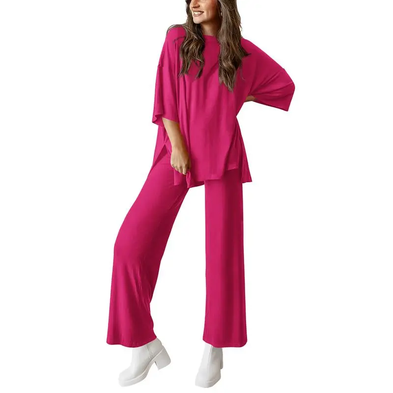 Women's 2-Piece Outfits Short Sleeve Pullover Tops Split Hem Wide Leg Pants Lounge Sets