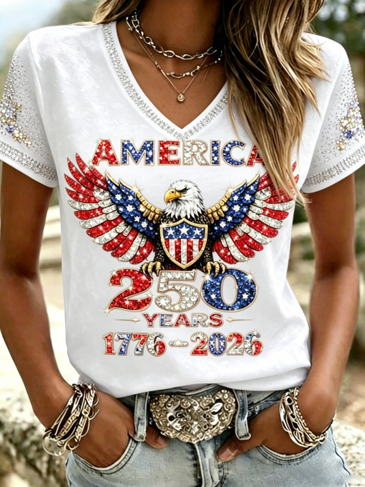 American 250th Anniversary Rhinestone Design Women's V Neck T-Shirt
