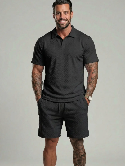 Men's Solid Polo Shirt & Drawstring Waist Shorts Set Cozy Breathable Two-piece