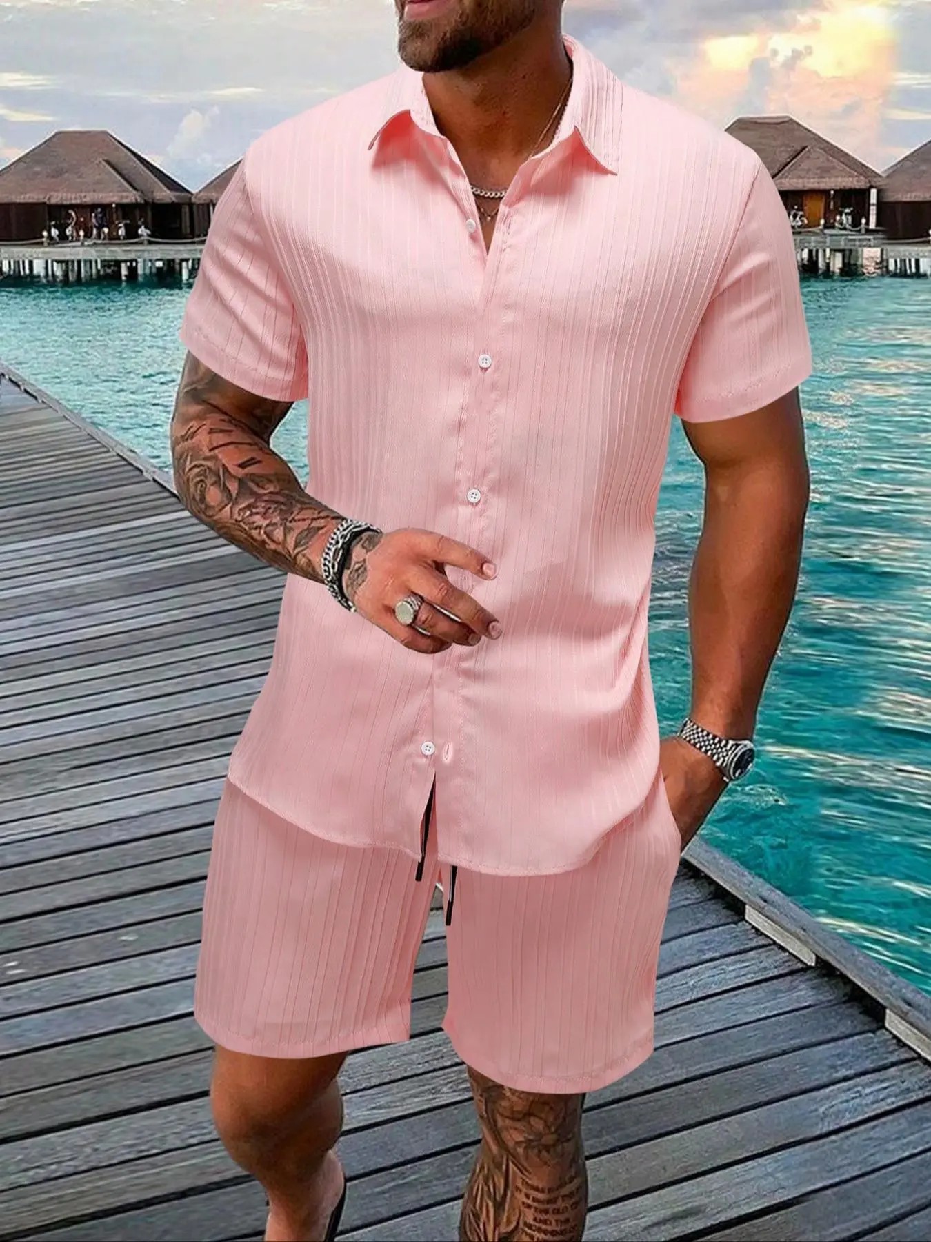 7-Pack Men's Summer Casual Set – Textured Shirt & Shorts | 7 Sets Only $23.99
