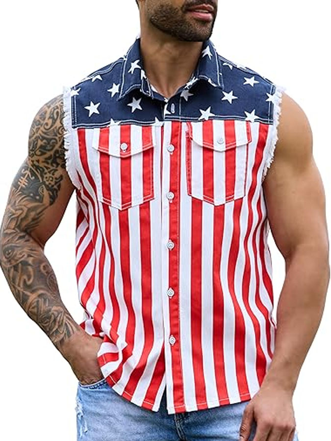 Unisex Denim American Flag Denim Shirt Collar Slim Fit Independence Day 250Th Anniversary Edition Classic Print Vest Sleeveless Shirt