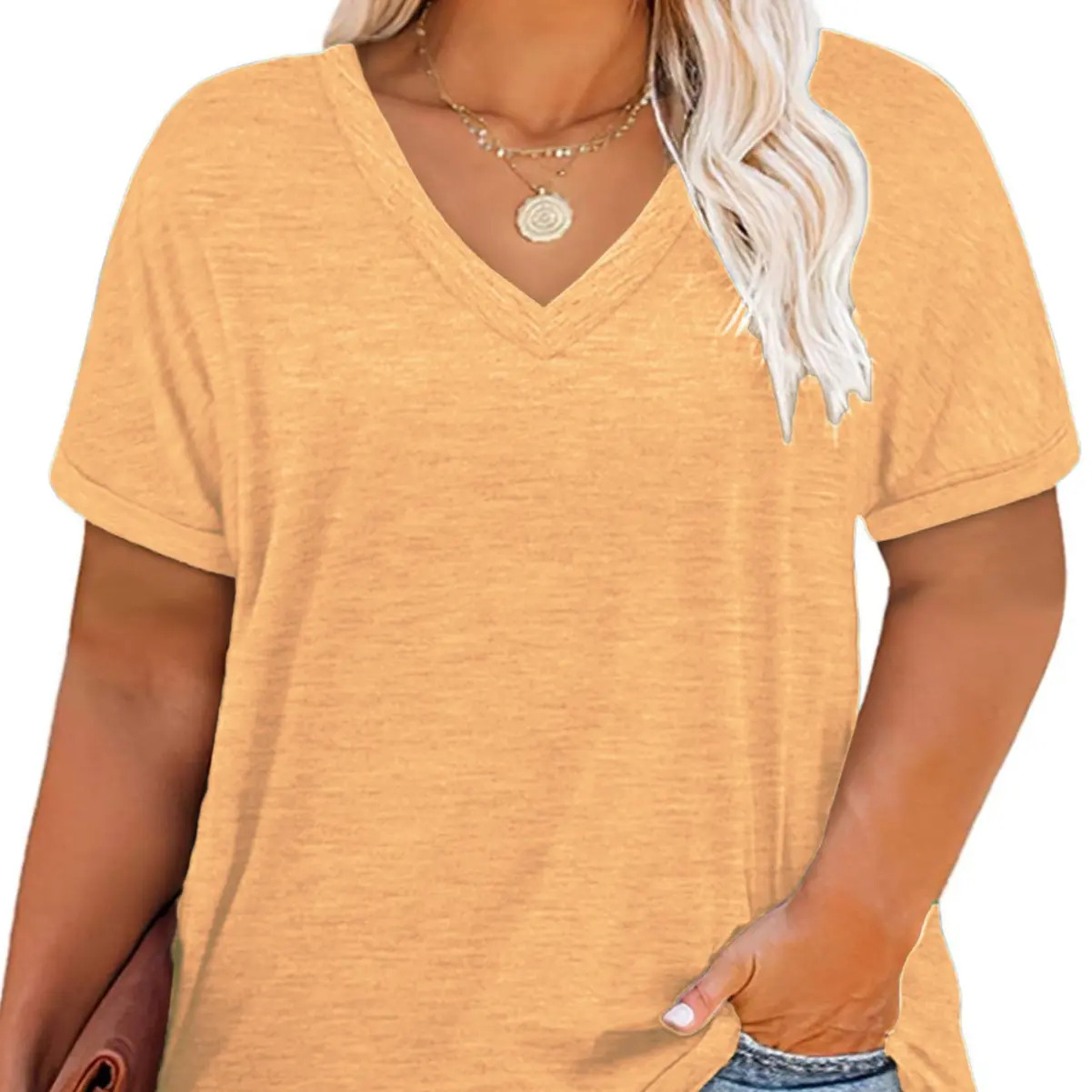 Women's Plus-Size V-Neck Short-Sleeve T-Shirt — Casual, Loose-Fit Summer Top — Soft, Breathable Basic Tee