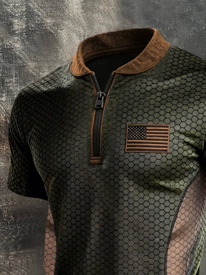 Men's Retro Color-Block Zip-Up T-Shirt