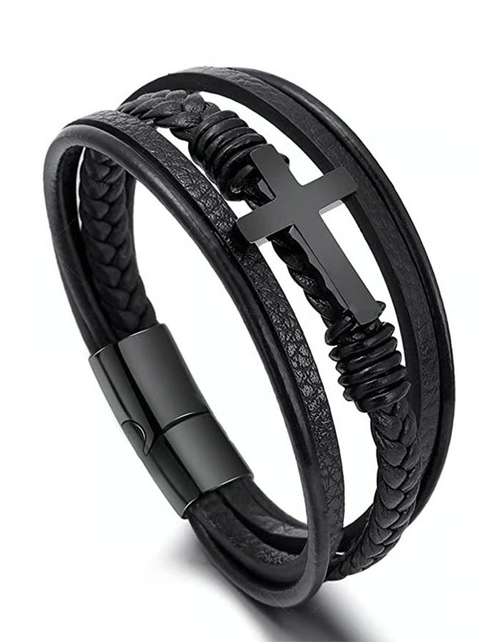 Women'S Cross Faith Leather Multi Layer Bracelet