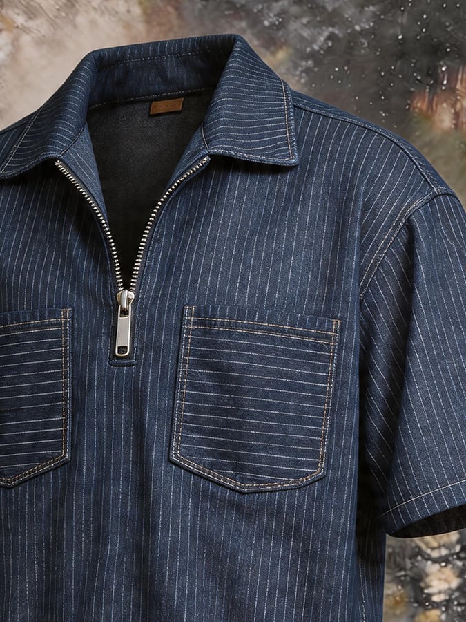 Men's Striped Denim Dual Pocket Half Zip Polo Shirt, Casual Lapel Collar Short Sleeve Loose Workwear Streetwear Top