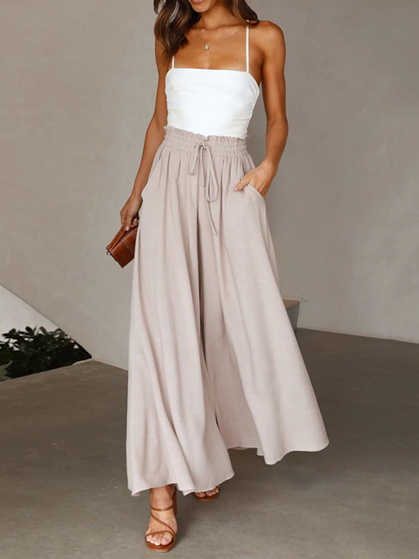 Drawstring Elasticity Pleated Pockets Solid Color High Waisted Loose Trousers Pants