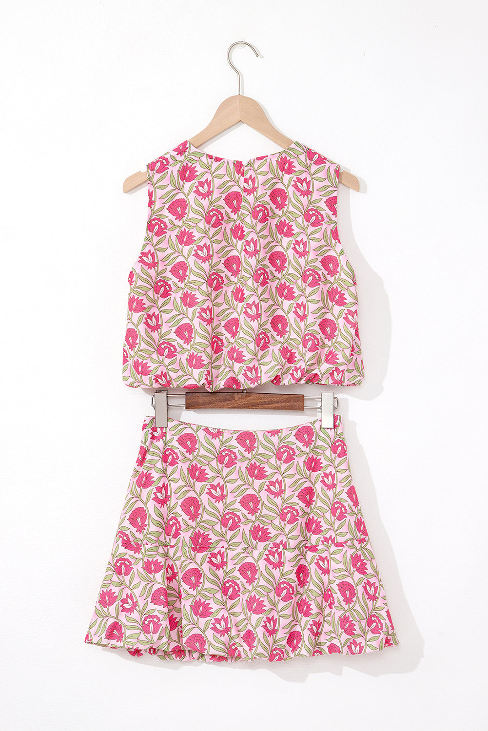 Pink Floral Print Puffy Cropped Tank And Mini Skirt Set
