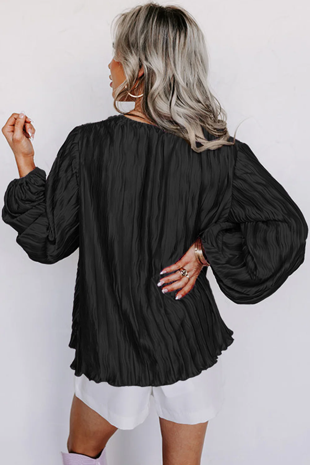 Textured Bubble Sleeve V Neck Loose Blouse