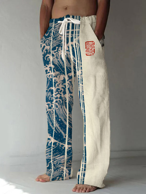 Men's Sea Wave Color Block Art Printed Casual Pants