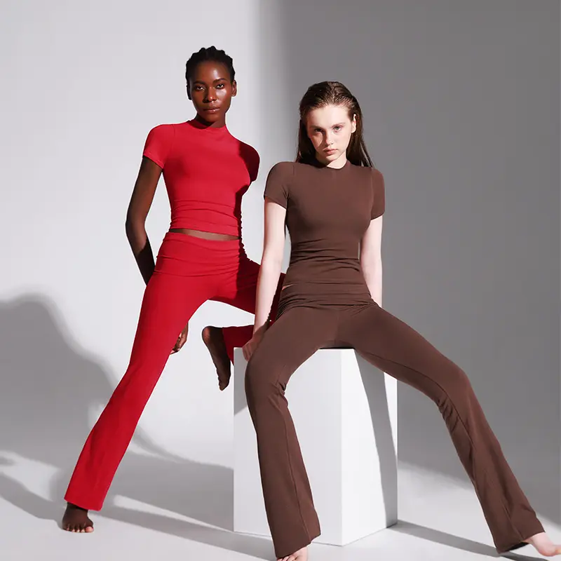 Women's Minimalist Short Sleeve & Fold-Over Flare Pants Lounge Set